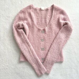 No Boundaries Pink Fuzzy Scoop Neck Sweater with Butterfly Details Size Large